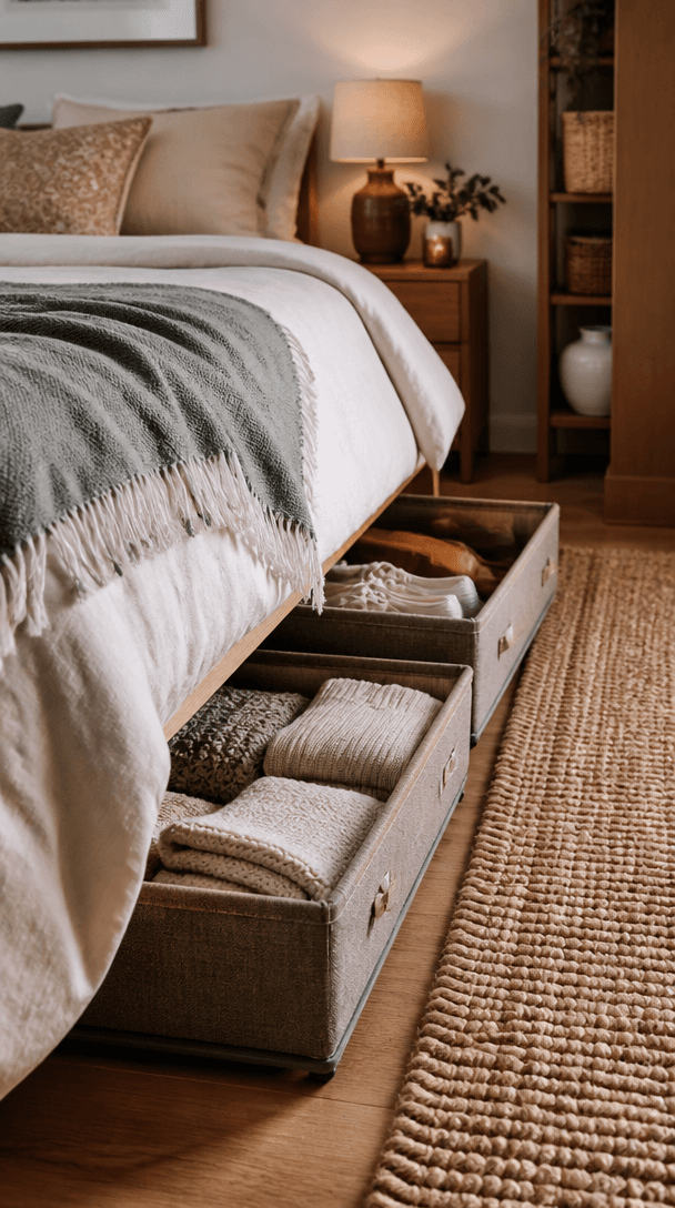 Vertical close-up style shot for Clever under bed storage ideas that actually look good
