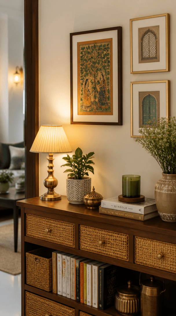 Vertical close-up style shot for Indian interior design ideas that look expensive but arent