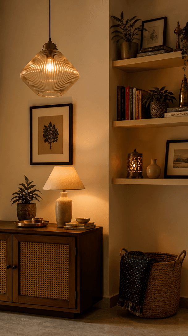 Vertical close-up style shot for Lighting ideas that make Indian homes feel warm and cosy
