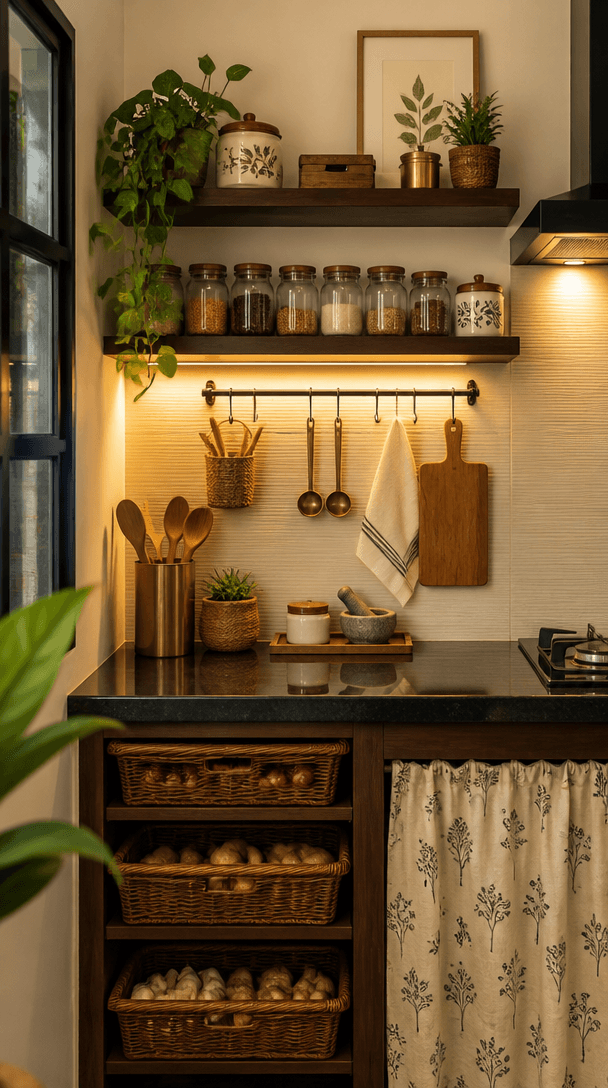 Vertical close-up style shot for Small kitchen organisation ideas for Indian homes