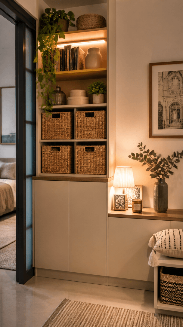 Vertical close-up style shot for Storage ideas for 1BHK apartments that dont look cluttered