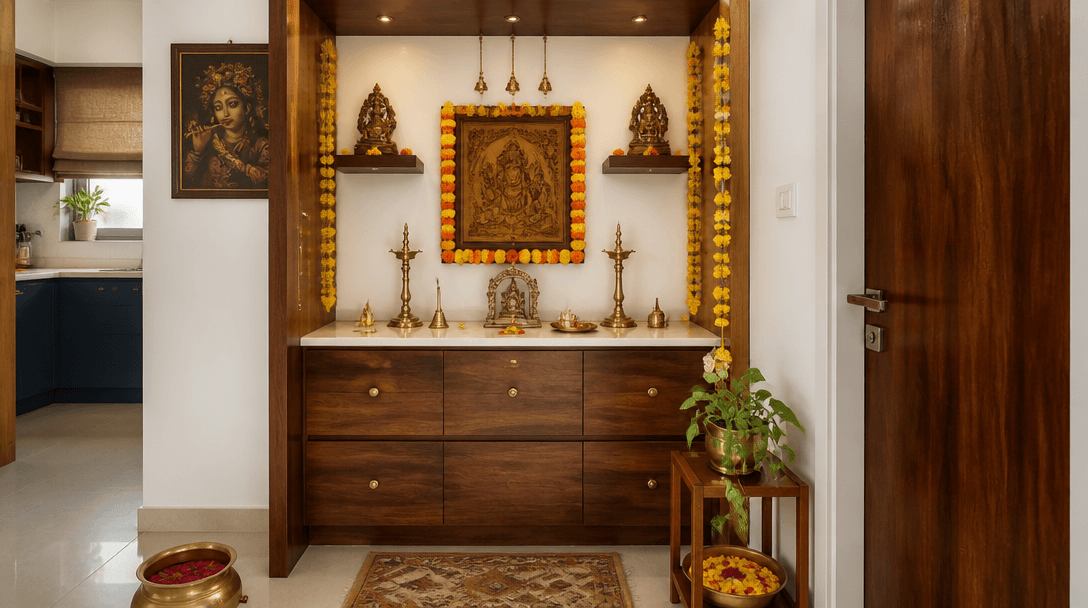 Interior design photo for How to style a pooja room that fits modern homes