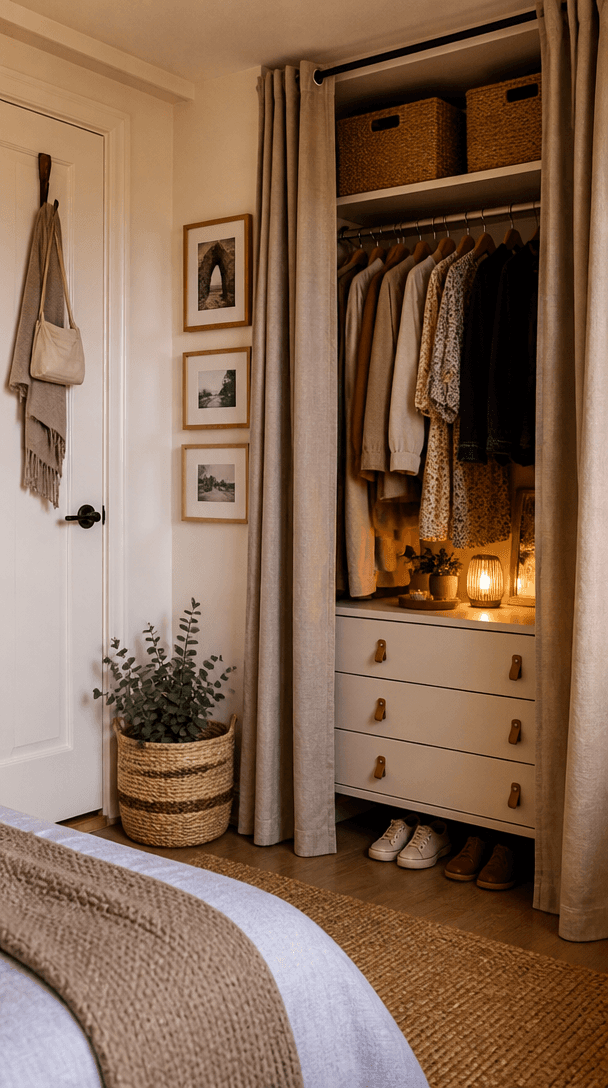 Vertical close-up style shot for Wardrobe ideas for bedrooms with no dedicated wardrobe space